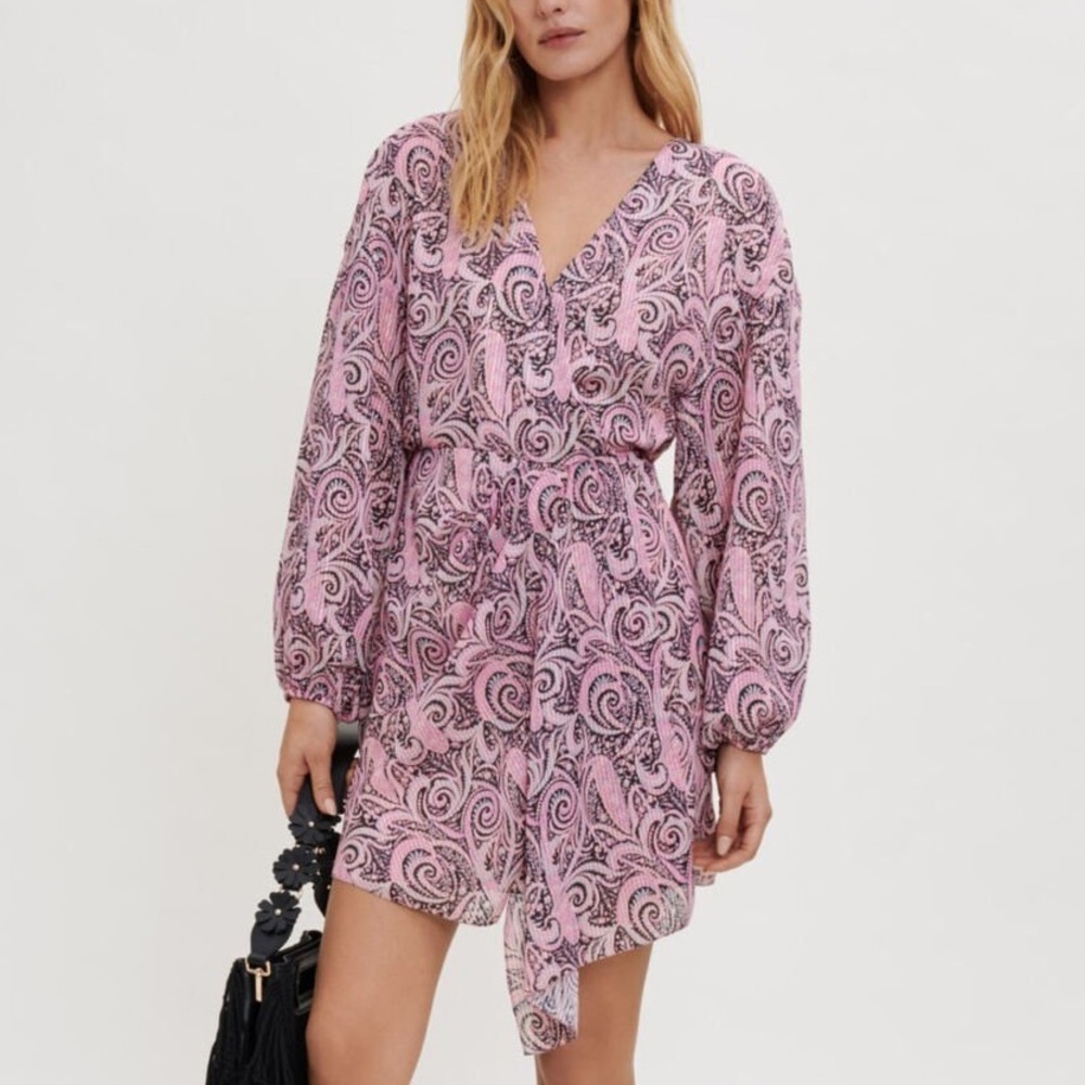 NWT Maje Rapollo Metallic Paisley Print Mini Wrap Dress Long Sleeve Pink Sz 36